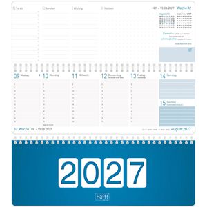 Häfft Tischkalender 11344-9, Königsblau, Wochenkalender quer, 1 Woche = 2 Seiten, 30 x 11 cm, Jahr 2027