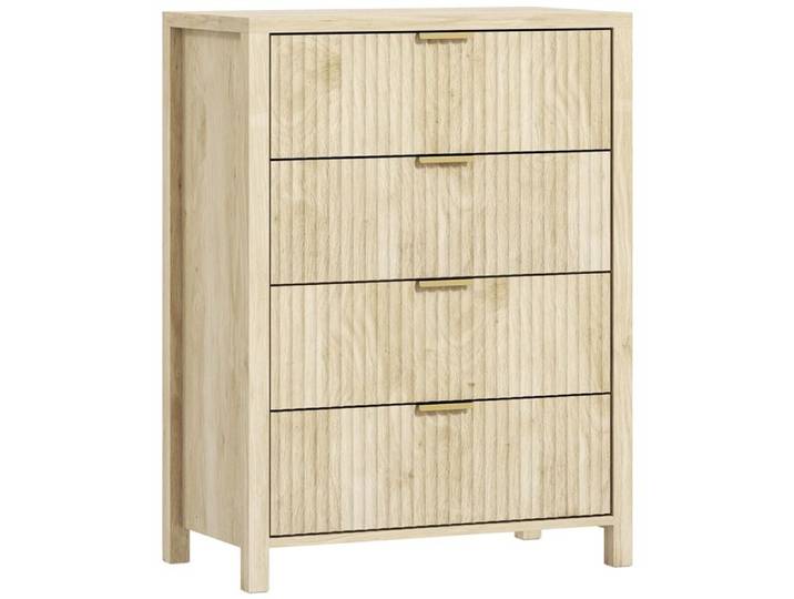 LIA Commode à 4 tiroirs rainurés avec poignées dorées 70x38x93 cm bois naturel