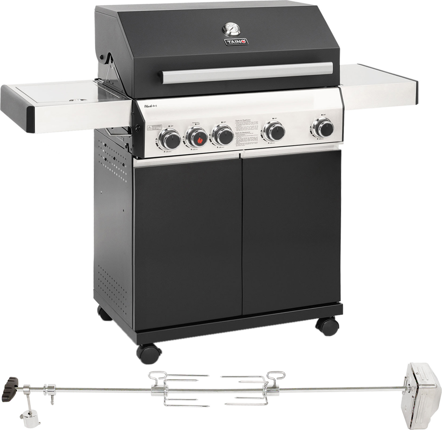 TAINO BLACK 4+1 Set mit Drehspieß Gasgrill Rotisserie mit Motor 4 Brenner Keramik-Sear Zone elektrischer Fleischspieß Grillwagen
