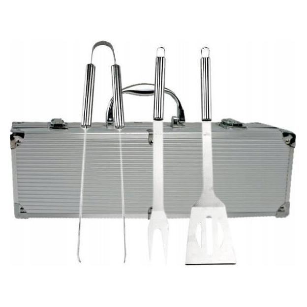 Master 4U-Onlinehandel 3tlg Grillbesteck Set Edelstahl in Alukoffer Grillset Grillwender Grillzange Fleisch (MG111)