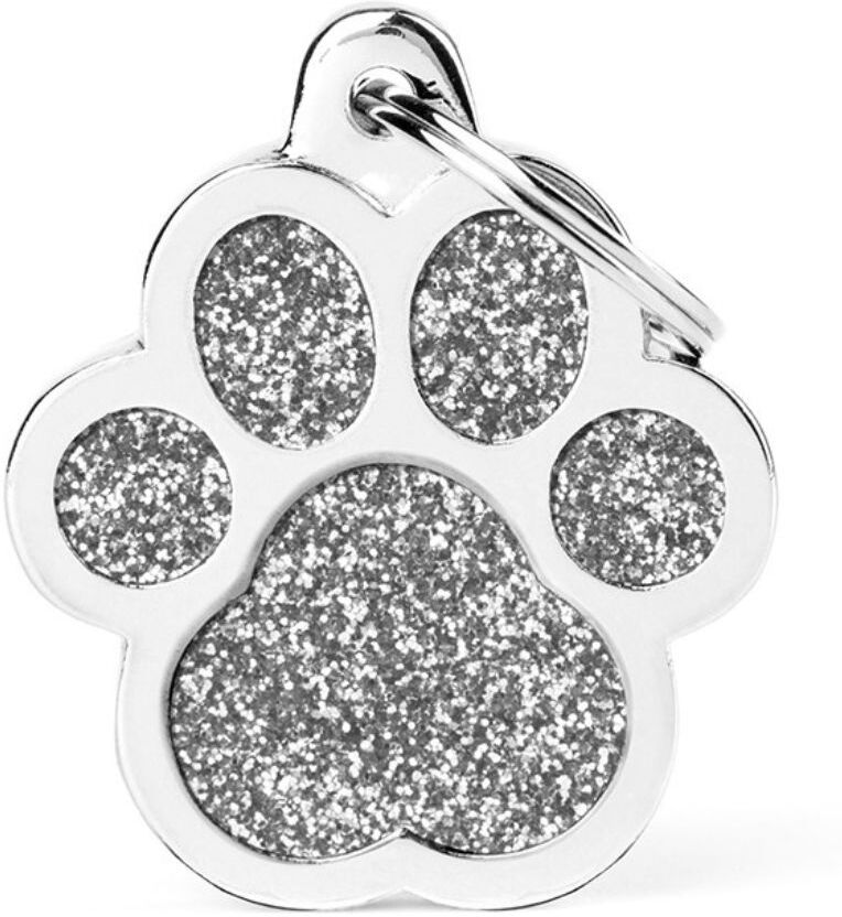 MyFamily Medaglietta per Cani Personalizzabile Zampa Glitter Shine Grigia L