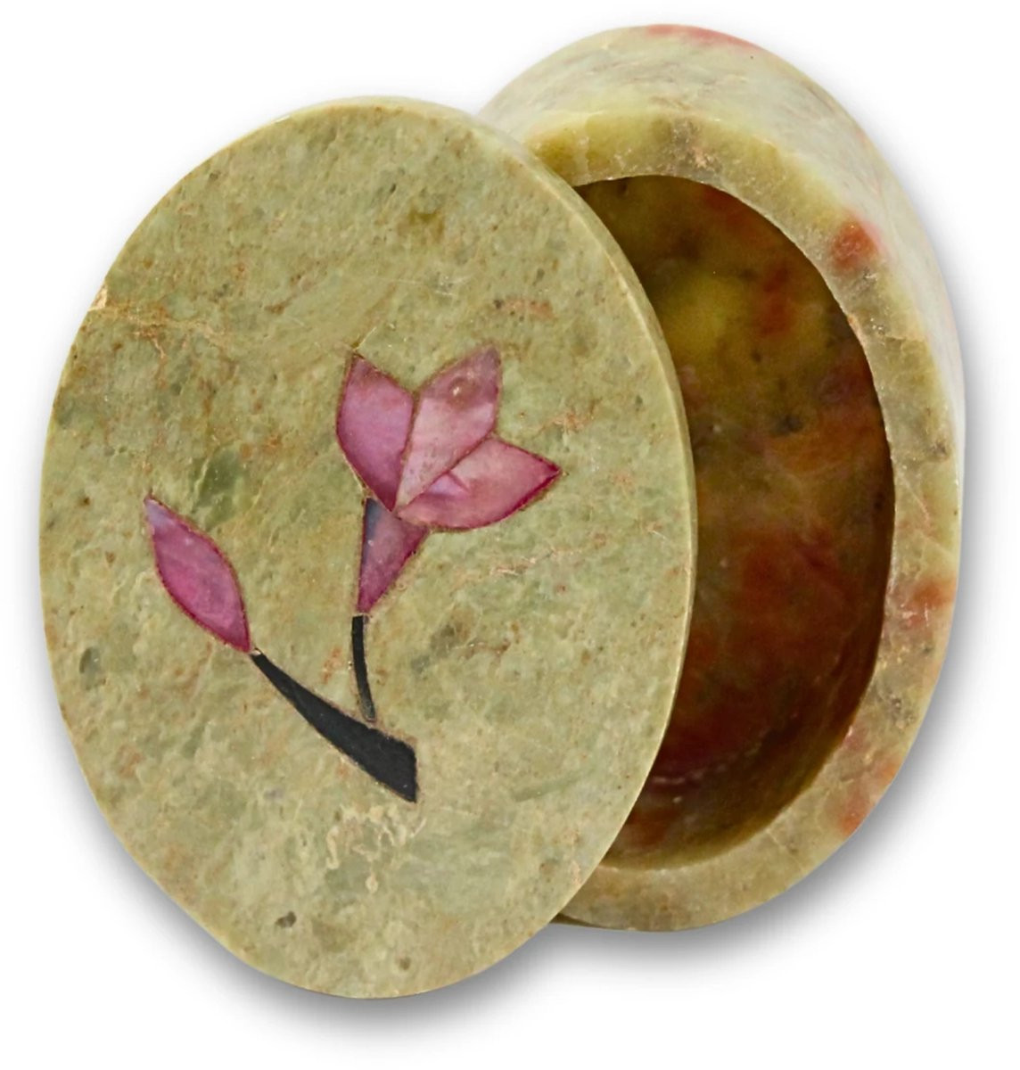 Ovaal speksteen doosje met bloem decoratie 8 cm