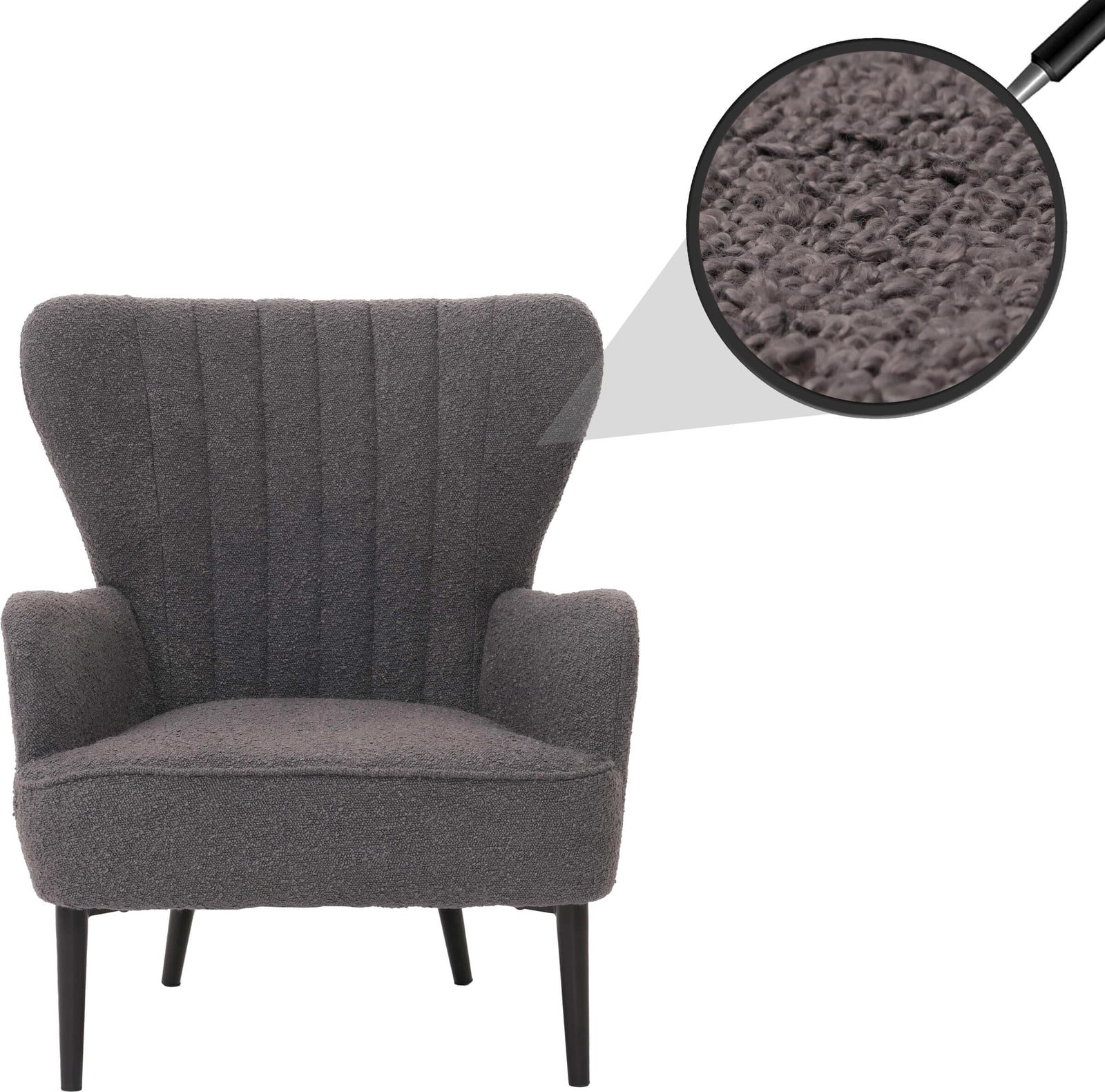 Mendler Loungestoel HWC-K37 Retro Oorfauteuil in Donkergrijs Bouclé Stof