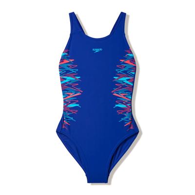 Badeanzug SPEEDO "Placement Muscleback", Mädchen, Gr. 176 (170), N-Gr, blau (blu, nvy), Obermaterial: 80% Polyester, 20% Elasthan, Badeanzüge Badeanzug, sportliche Ausrichtung, chlorbeständiges Material, schnell trocknend