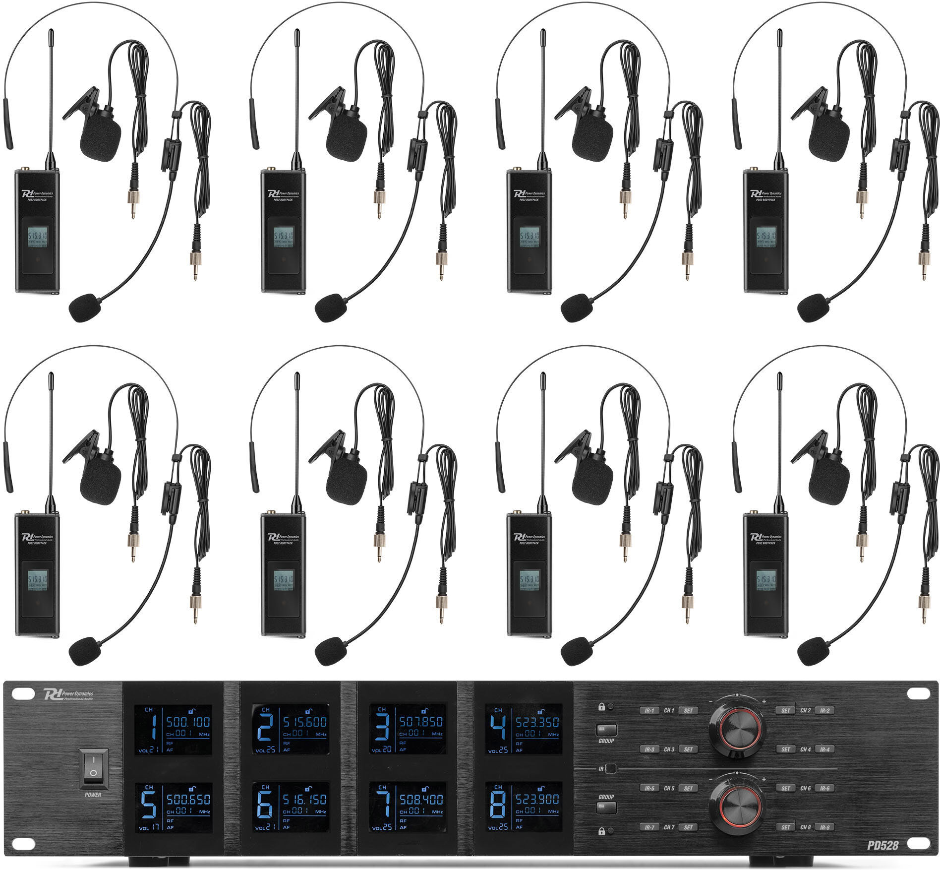 Power Dynamics Pd528b Uhf-Drahtlos-Mikrofonset Mit 8 Taschensender-Mikrofonen