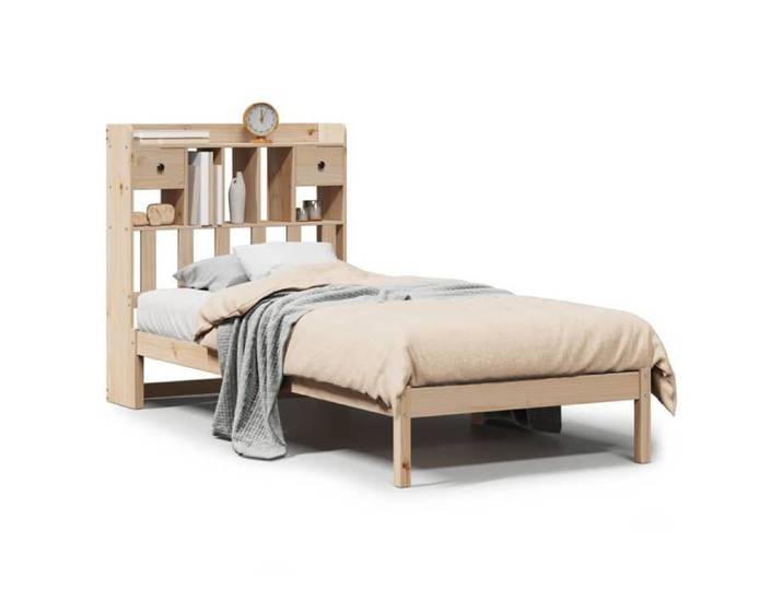 Lit simple - VIDAXL - 90x190 cm - Bois de pin massif - Tête de lit bibliothèque - Avec tiroirs