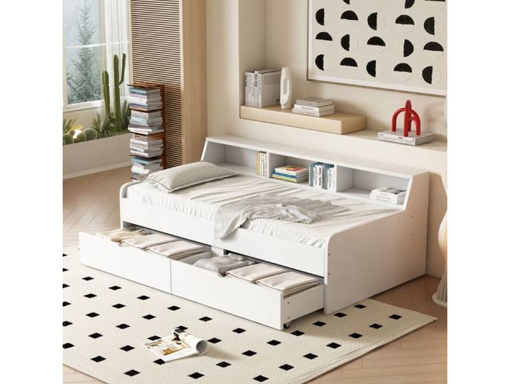 Lit banquette 90x200cm - MODERNLUXE - Canapé lit avec rangement - Blanc