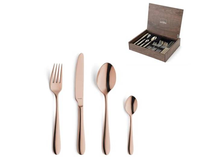 Amefa OXFORD Besteck Set 24-tlg., 6 Personen, 18/10-Edelstahl, Kupfer Menügabel, Menülöffel, Menümesser, Kaffeelöffel, Hochglanz-Finish, Handwäsche empfohlen, PVD-beschichtet