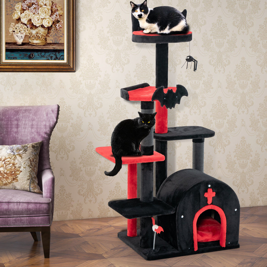 Happy Larry Gothic Cat Tree 134cm Tall Cat Tower w/ Cat Bed-Black Black 134cm H X 48cm W X 58cm D
