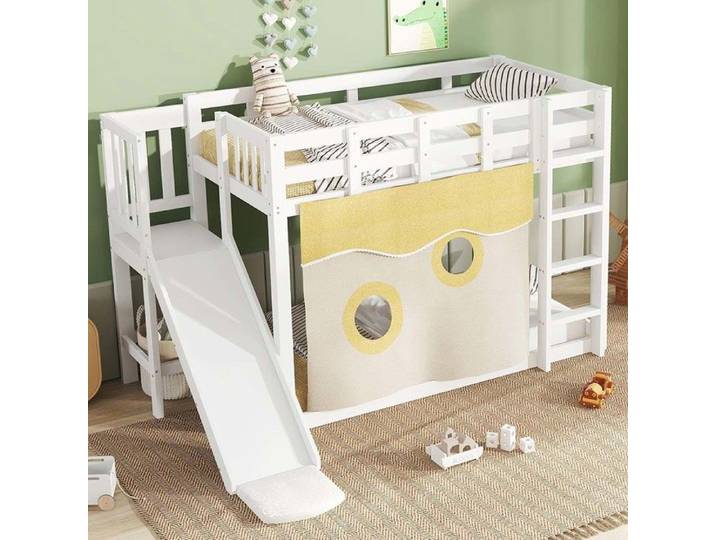 Lit superposé enfant - Lit superposé avec toboggan - 90 x 200 cm - Bois de pin & MDF - Blanc