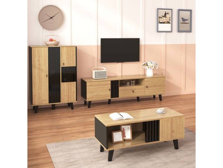 COVREO Ensemble meubles de salon 3 pièces avec meuble TV 170 cm table basse buffet LED noir et décor bois
