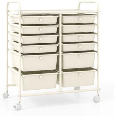 Costway 12-Drawer Rolling Storage Cart with Removable Drawers and Lockable Wheels-Beige