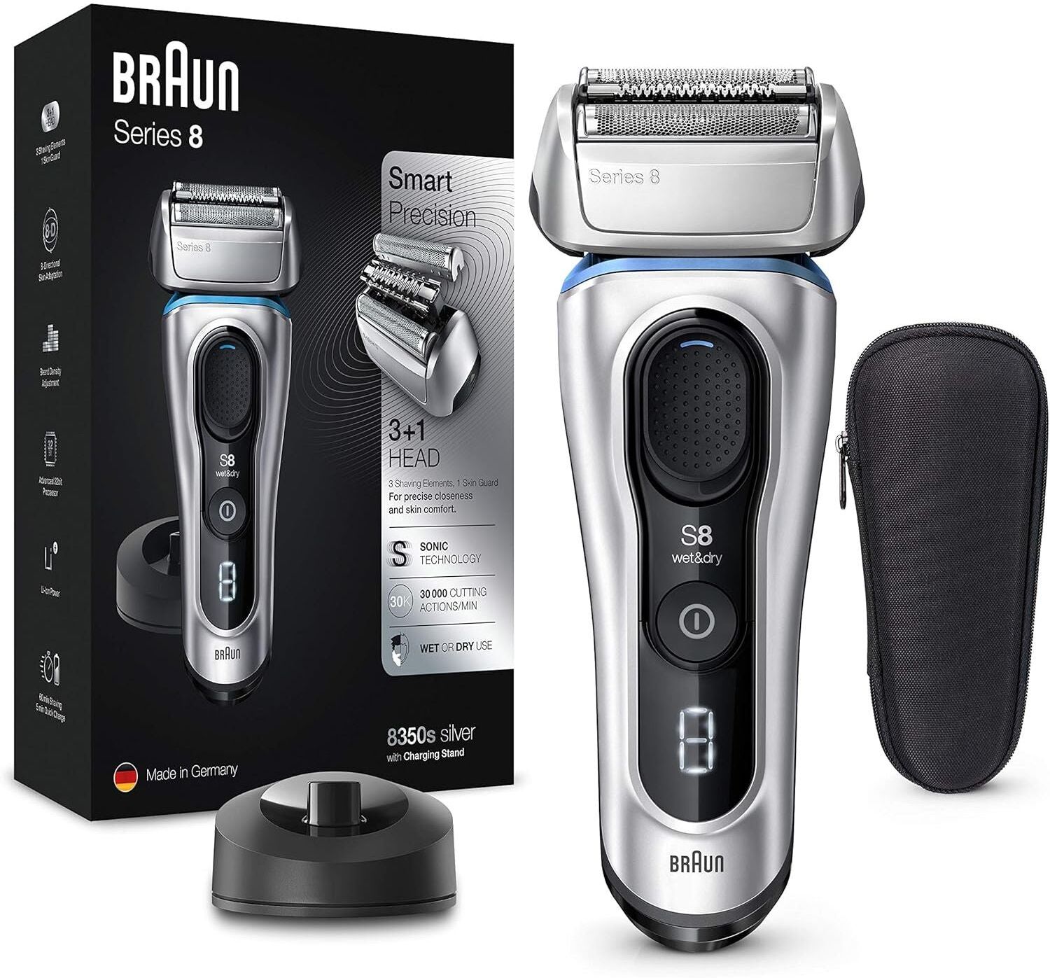 Braun Series 8 Electric Shaver for Men – 8350s, Silver (with Precision Trimmer, Charging Stand & Travel Case)