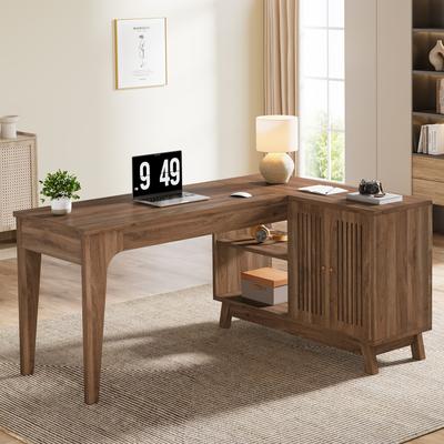 YUZHOU L-Shaped Desk with Storage Cabinet, 57-Inch Wood Corner Workstation