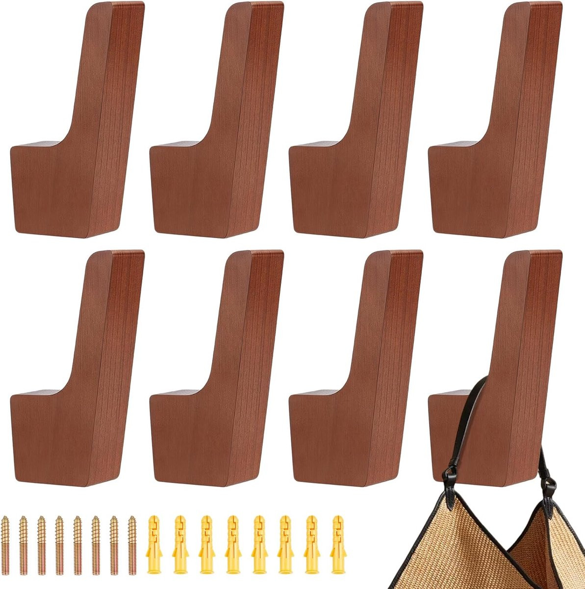 SnelShoppen Set van 8 Natuurlijke Wandhaken van Massief Donker Walnoot, Bruin