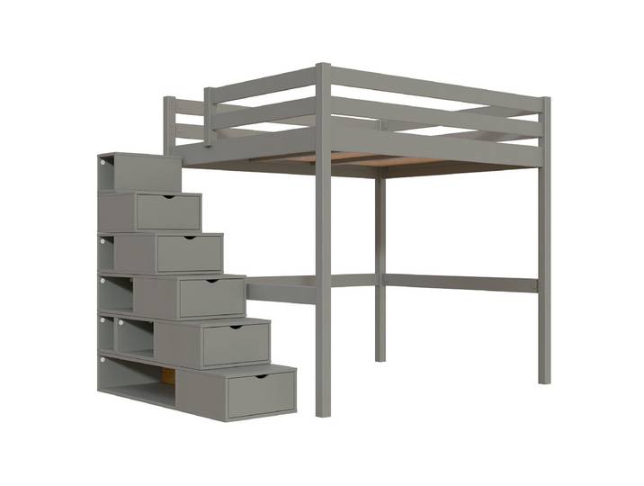 Lit Mezzanine bois 160x200 avec escalier cube Sylvia 160x200 Gris