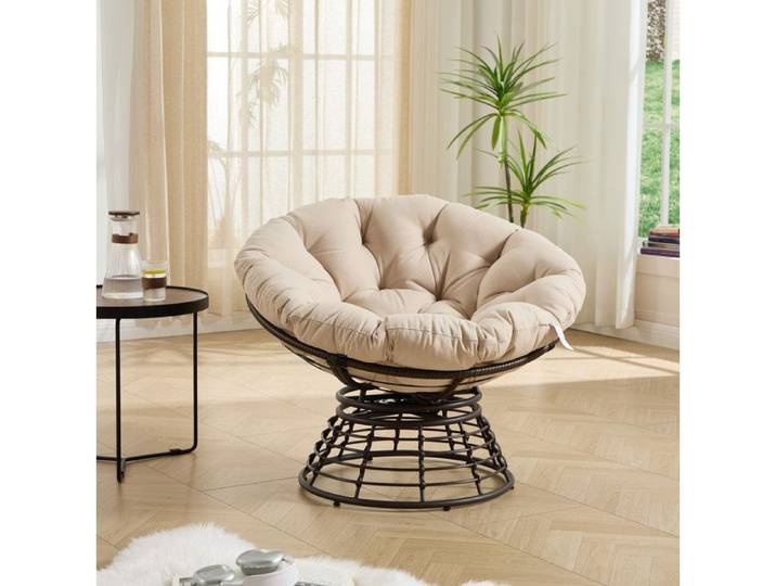 Chaise Rotin Papasan 360° Pivotante avec Coussin Épais Beige Design Ergonomique pour Intérieur et Extérieur