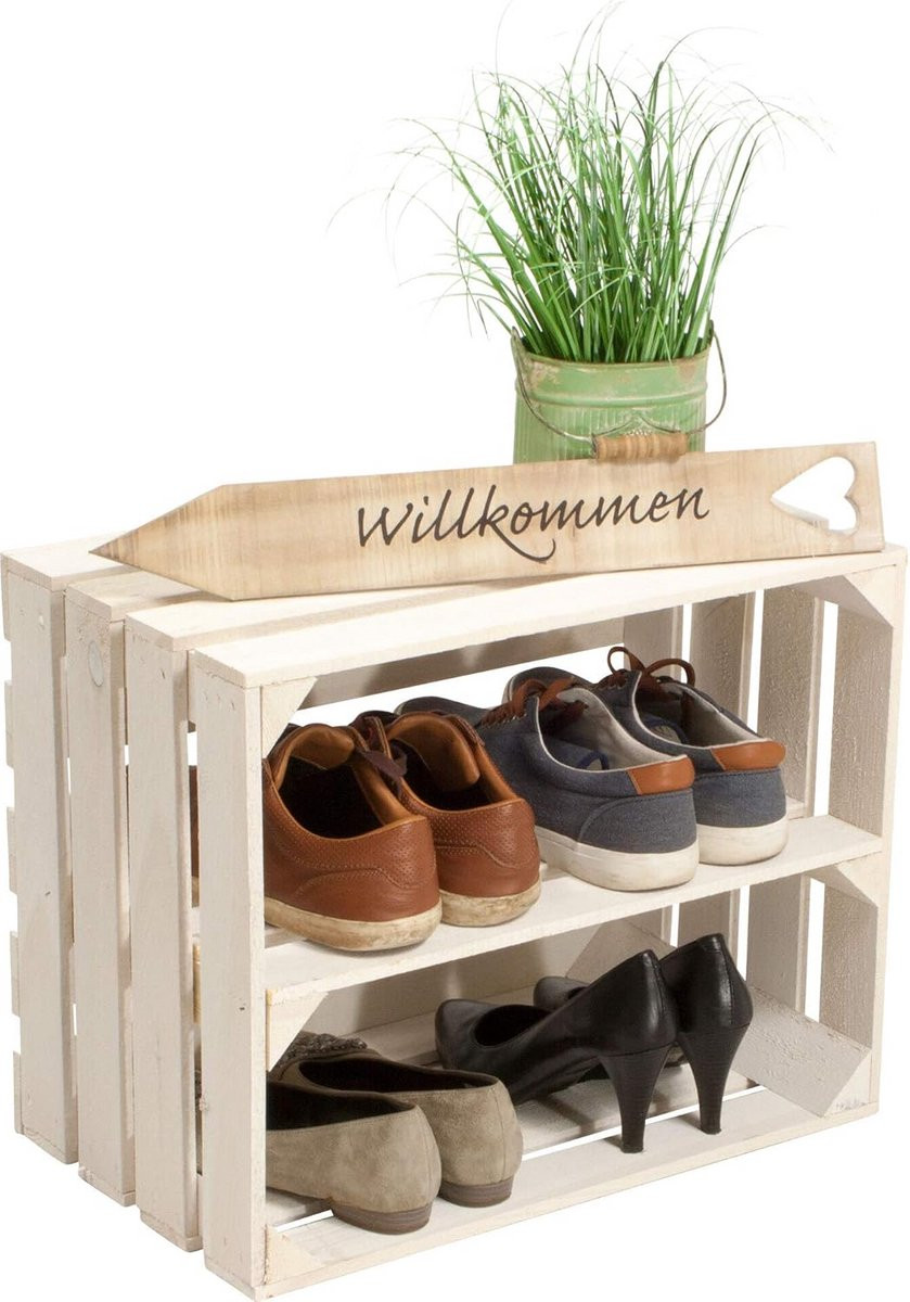 Witte houten opbergdoos als schoenenkast, wijnkist of fruitkist, B/D/H: 50 x 40 x 30 cm