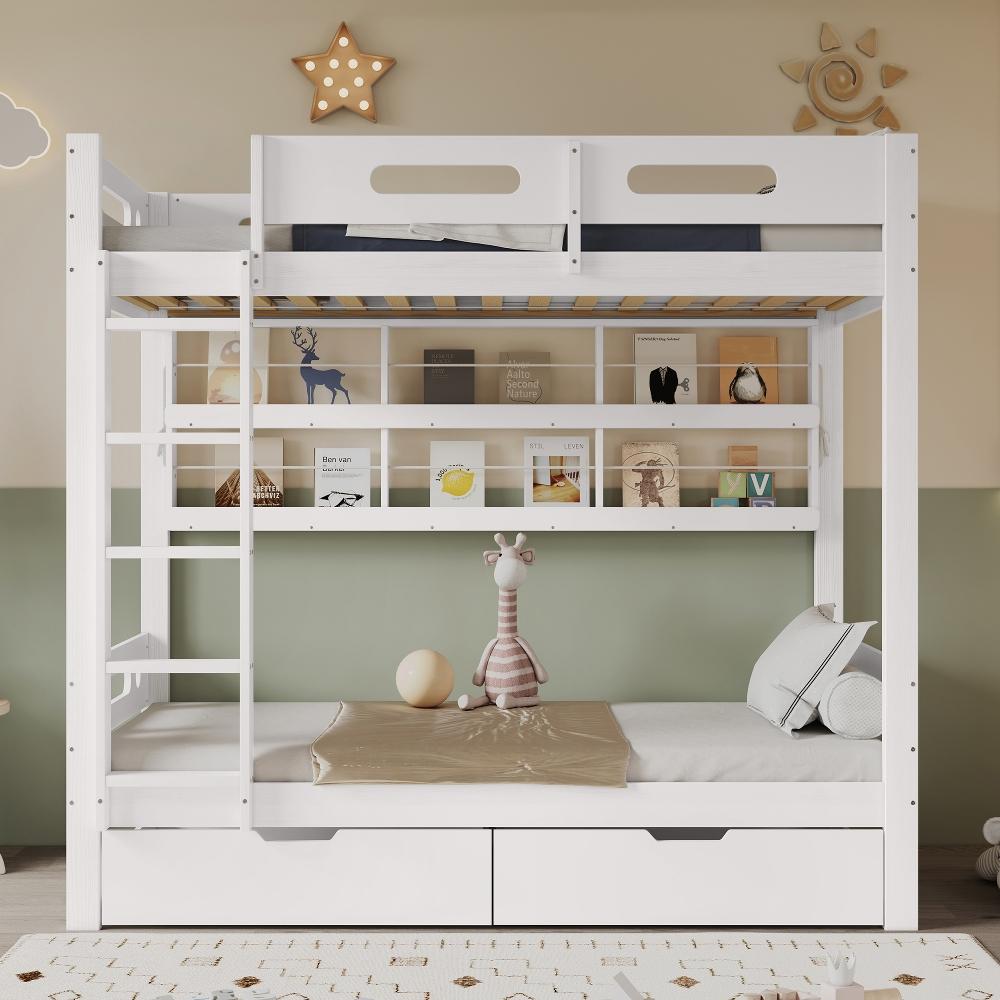 Etagenbett 90x200cm aus Kiefer und MDF, weißes Kinderbett mit Fallschutzgitter, 2 Schubladen auf Rollen und offenem Regal