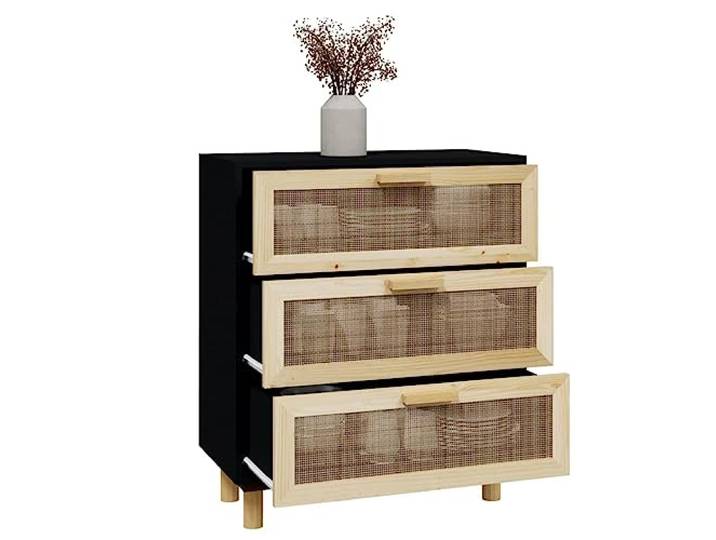 KTHLBRH Anrichte schwarz 60 x 30 x 70 cm Massivholz Kiefer Rattan 3 Schubladen, Kapazität 70 kg, Füße aus Massivholz, Ablagefläche