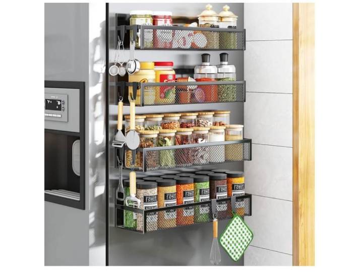 Porte-épices magnétique pour réfrigérateur - Lot de 4 étagères magnétiques organisateur frigo avec 8 crochets amovibles étagère