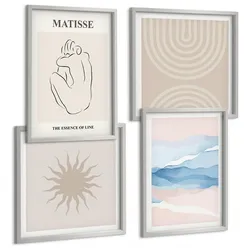 BILDER SET 4er Set - 50x50 cm & 40x60 cm Silberner Rahmen - Linien, Wellen, Pastellfarben, minimalistisch