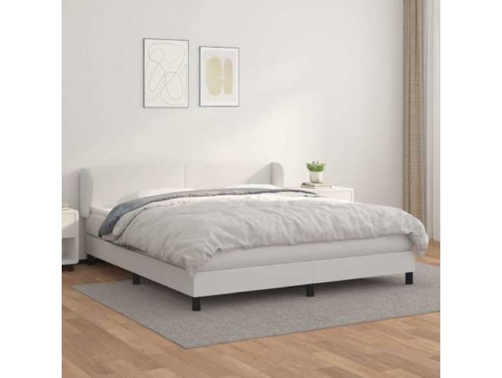 Boxspringbett Weiß mit Matratze 160 x 200 cm, Kunstleder schlichtes Design höhenverstellbares Kopfteil mit Ohren, Taschenfederkernmatratze, Topper inklusive, fürs Schlafzimmer, Schlichtes Design