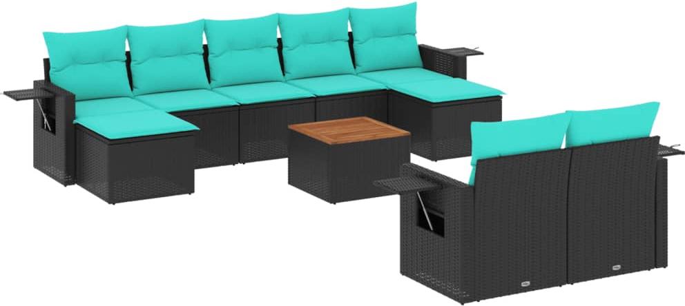 vidaXL 10-teiliges Gartensofa-Set mit Kissen, schwarzes Polyrattan