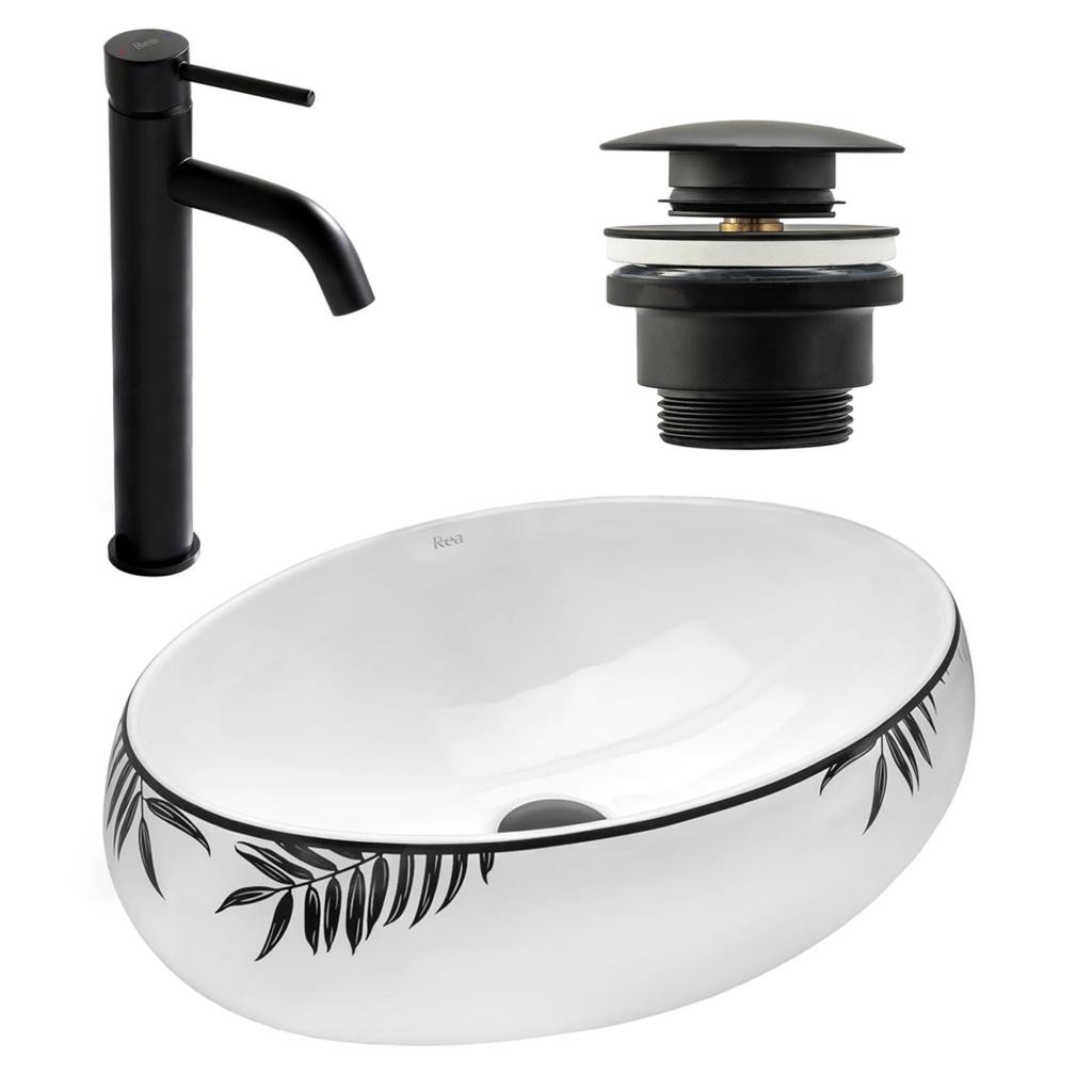 Rea Shila Wastafel met Lungo Black High Kraan en Universele Plug Black