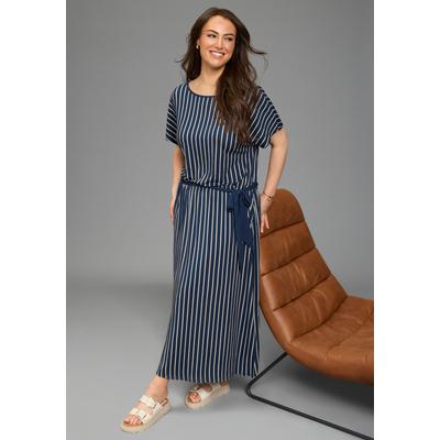 Maxikleid LAURA SCOTT CURVE "Große Größen", Damen, Gr. 42, N-Gr, blau (navy, beige), Single Jersey, Obermaterial: 95% Viskose, 5% Elasthan, gestreift, figurumspielend knöchellang, U-Boot-Ausschnitt, angeschnitten, Kleider Maxikleid, in modernem...