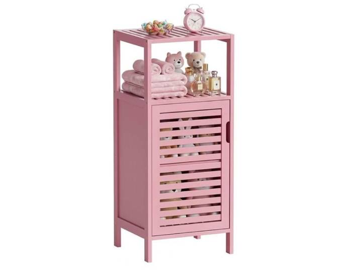 Petit Meuble Salle de Bain en Bambou Rangement Rose Armoire Bas Salle de Bain Meuble sur Pied avec Compartiment Ouvert Rose