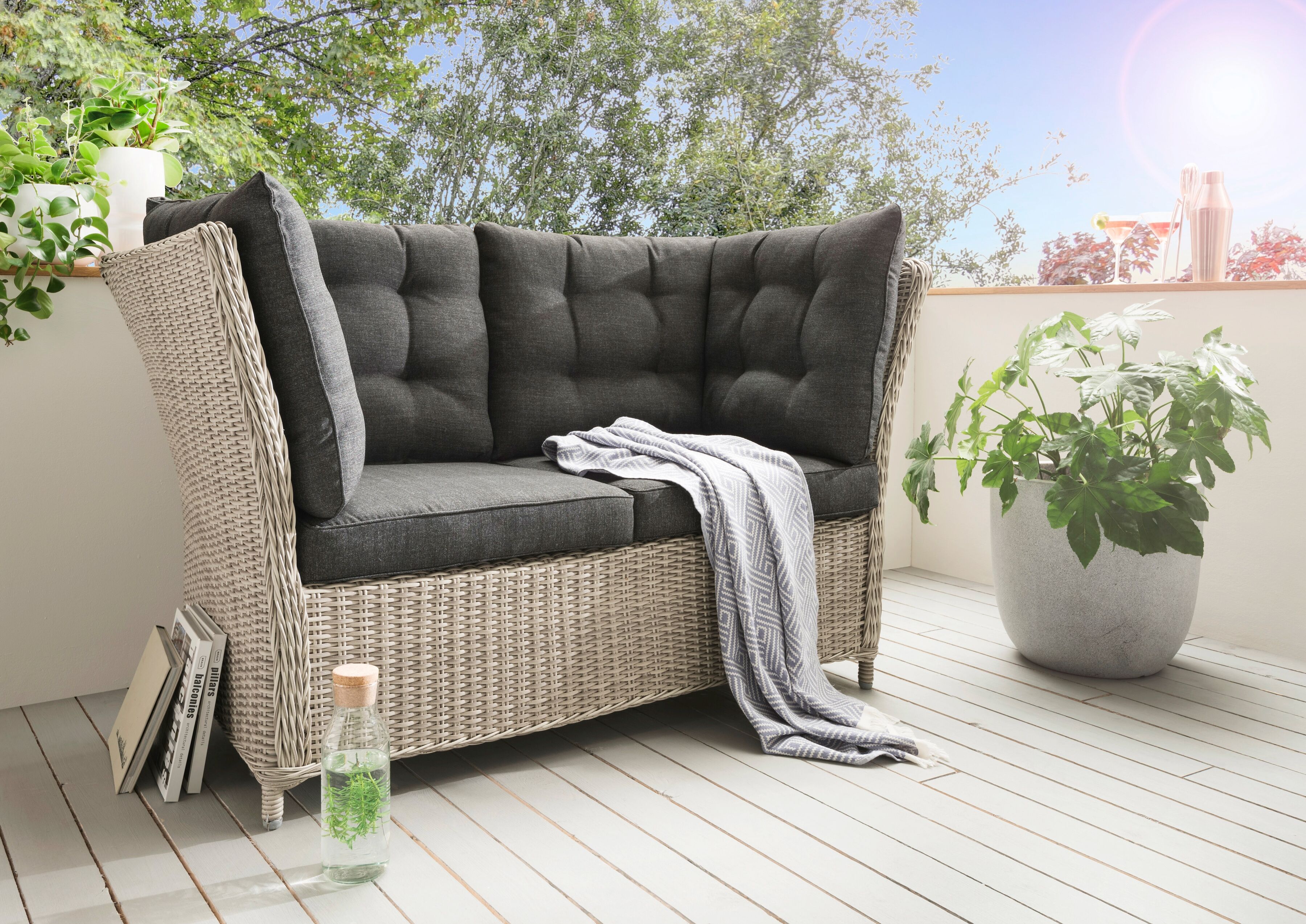 Gartenlounge-Bank DESTINY "PALMA", weiß (vintage weiß), B:152cm H:83cm T:78cm, Polyrattan, Sitzbänke, Gartenlounge-Bank, Aluminium, Polyrattan, 2´er Bank, inkl. Auflagen
