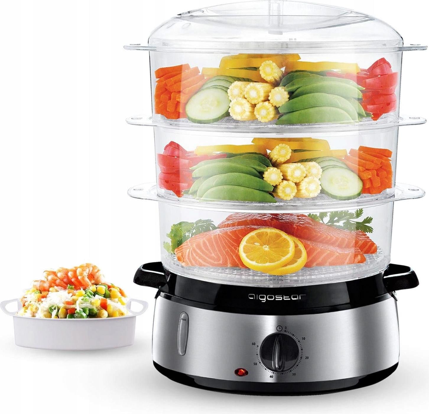 Aigostar stoomoven, 9 liter, 800W, BPA-vrij, met 3 bakken en timer, zilver/grijs