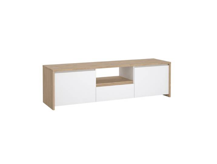 Meuble TV 2P/1T MOSS Blanc laqué/ Imitation chêne