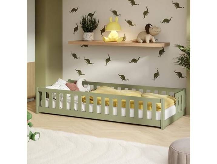 Kids Collective Kinderbett Bodenbett mit Rausfallschutz & Lattenrost Montessori Bett Bed Gitterbett Kinder Jugendbett Einzelbett 90x200 cm Olivgrün