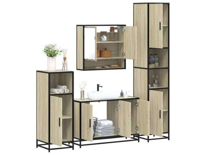 HWKQEQRF 4-TLG. Badmöbel-Set Sonoma-Eiche Holzwerkstoff Waschbeckenunterschrank, Spiegelschrank, Lowboard, Metallgestell, Wandmontage, Holzwerkstoff, Sonoma-Eiche, Stauraum, Bad