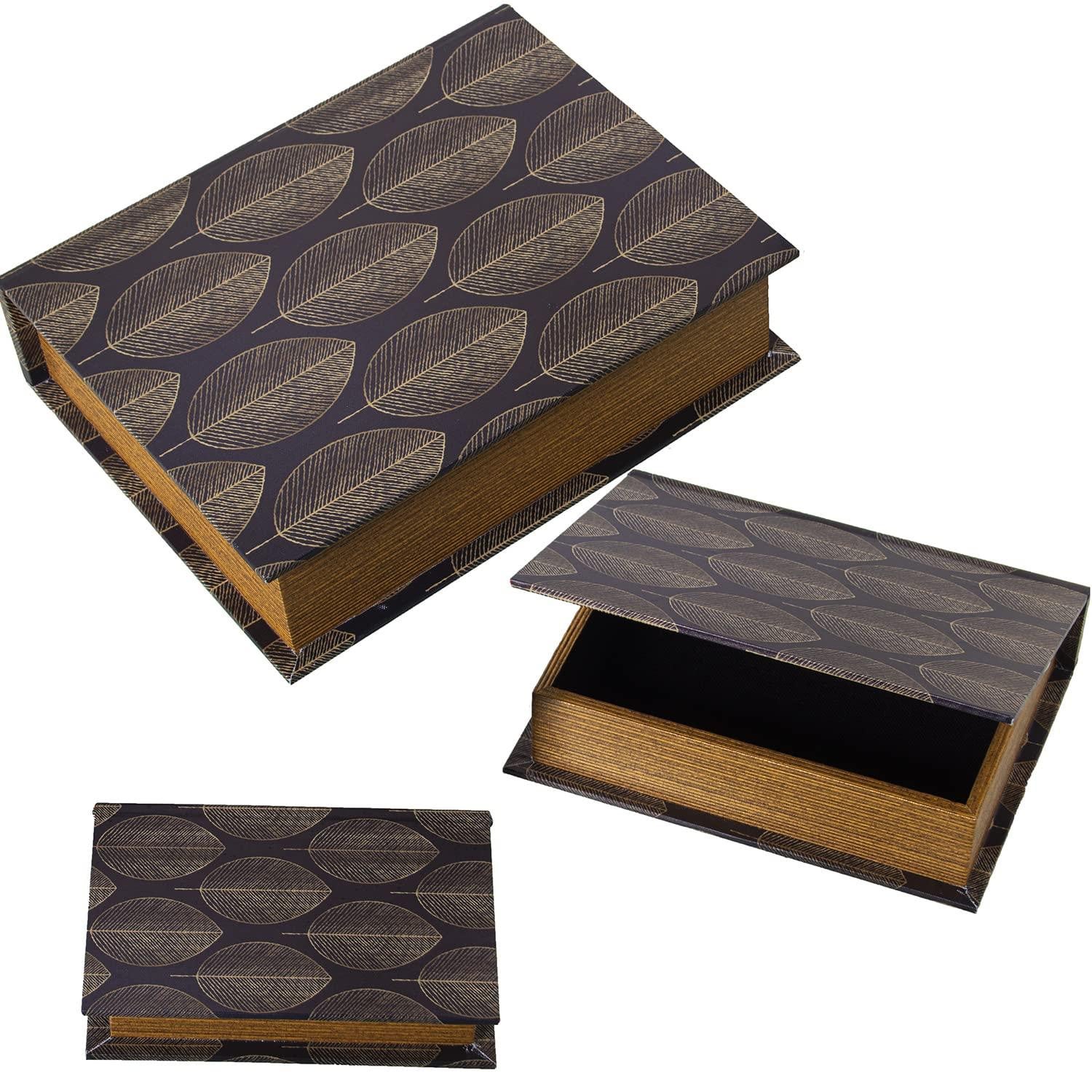 Set van 3 Dripio boekenkisten met bladmotief in MDF en polyester-linnen, B/D/H: 30 x 24 x 8 cm