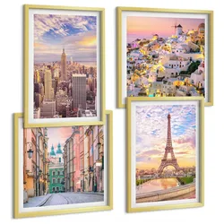 BILDER SET 4er Set - 50x50 cm & 40x60 cm Goldrahmen - New York Paris Oia Warschau Dämmerung
