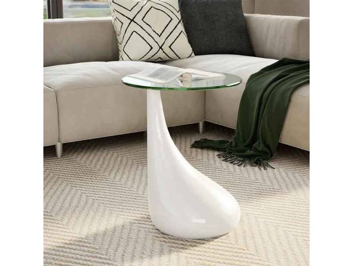 ELORAN Table Café pour Salon - Table basse rond - avec dessus de table en verre - Blanc brillant 95808