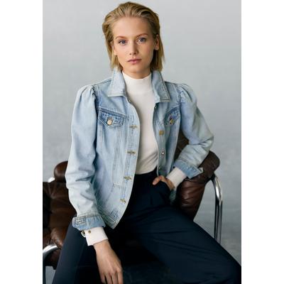 Jeansjacke VIVANCE, Damen, Gr. 42, blau (blau, washed), Denim/Jeans, Obermaterial: 100% Baumwolle, used, figurumspielend hüftlang, Manschette, Jacken Jeansjacke, mit Puffärmeln und Knöpfen, Ziertaschen, Denim