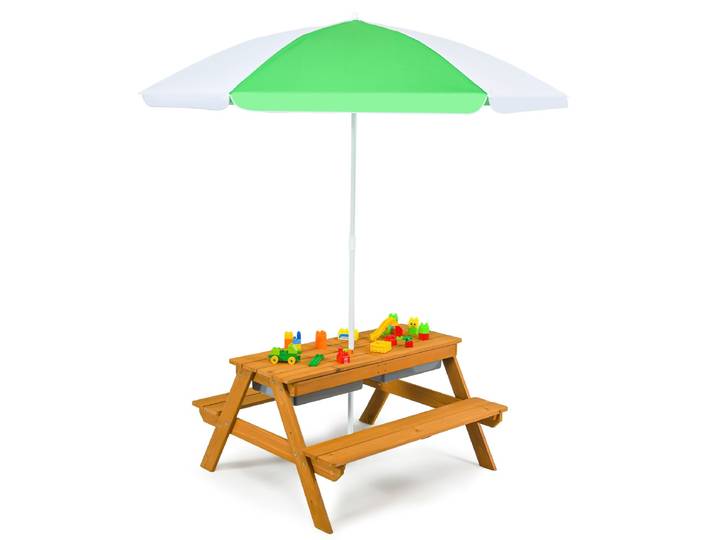 3-In-1 Picknicktafel met Parasol en Banken voor Kinderen Kinderzitgroep voor Tuin Achtertuin Terras Speeltafel Groen