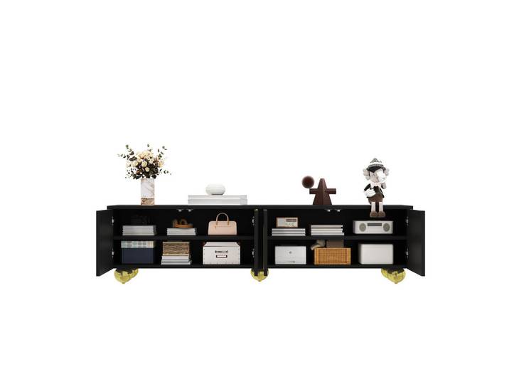 Modfu Tv-Lowboard aus Spanplatte 170x38x44 cm Schwarz mit Push-to-Open, gedämpften Scharnieren und 4 Türen, 170x44x38 cm, Wohnzimmer, TV Möbel, Lowboards, Lowboards stehend