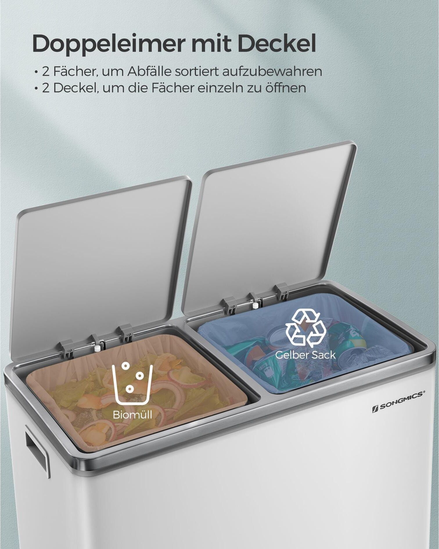Mülleimer SONGMICS "60 l", weiss (weiß), 60 l, Stahl, Mülleimer, Mülleimer weiß 60 l
