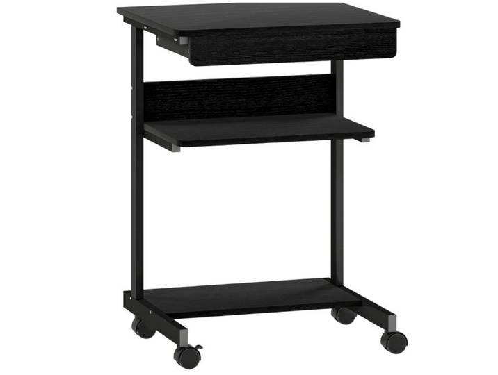 Bureau informatique roulant noir avec tiroir et étagères - compact bois et métal