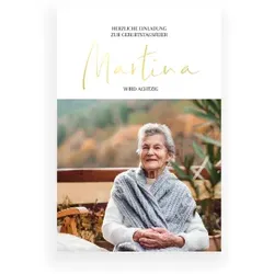 Einladungskarte 80. Geburtstag: Goldschrift mit Foto mit Foto in Weiß