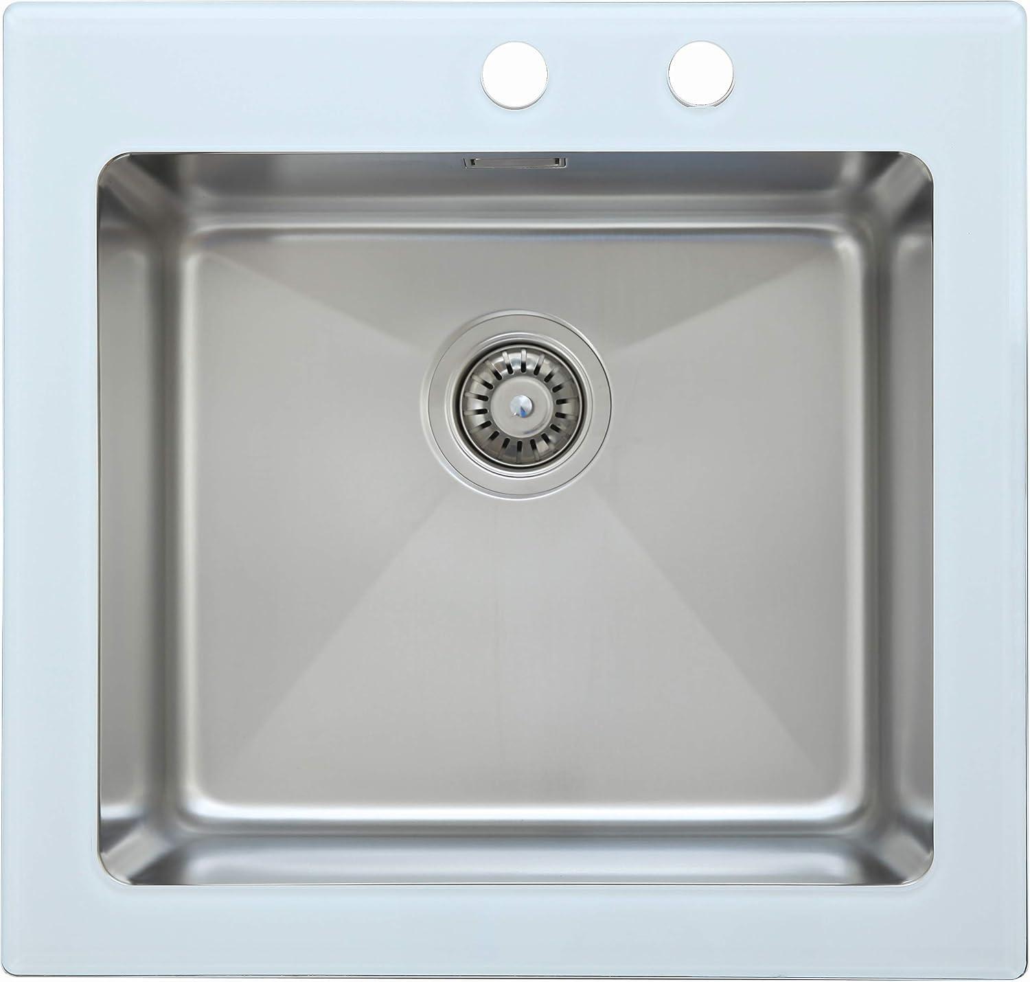 NewYork Glasspüle in Weiß / 1 Becken Einbauspüle in 55 x 53 cm/Spülbecken geeignet für Unterschränke ab 50 cm Breite