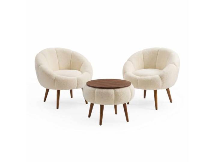 Hanah Home Elegant Ear Armchair and Coffee Table Set (3 Piece), Cream 100% Melamine Coated Super Soft Foam Modern Comfort