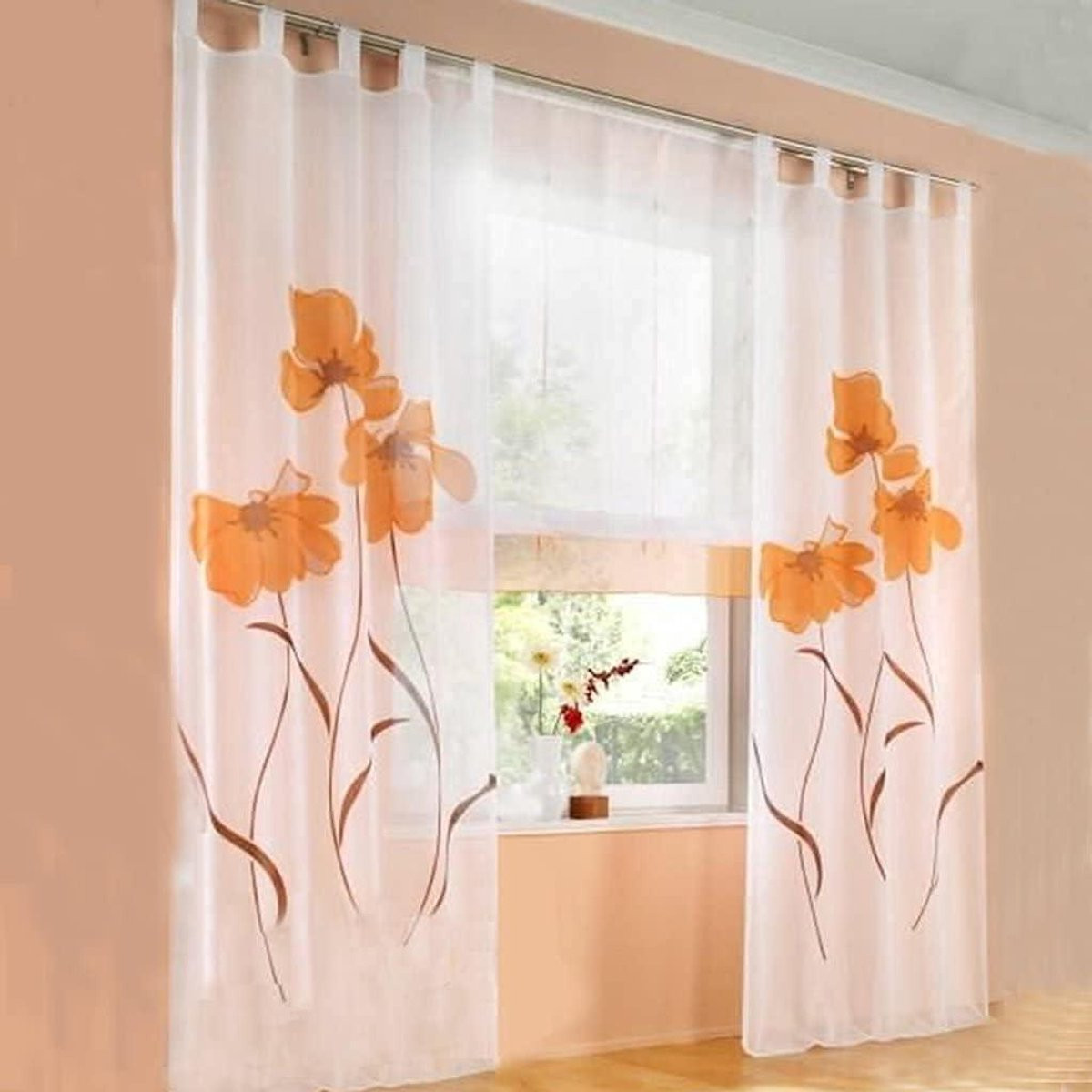 Transparant Voile Pan gordijn met bloemenpatroon in oranje, Breedte: 150 cm