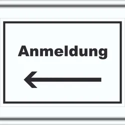 HB-Druck Anmeldung Schild mit Text und Richtungspfeil links Aufnahme waagerecht A5 (148x210mm)