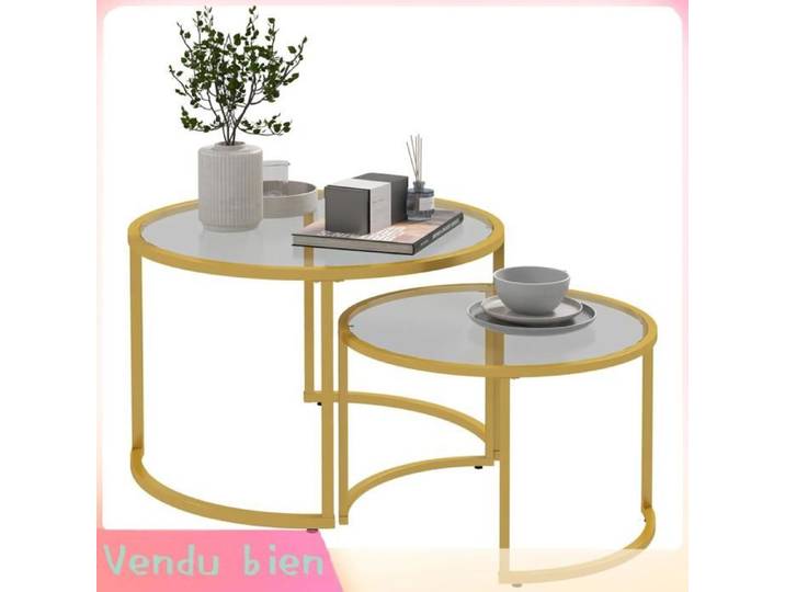 LIA Lot 2 tables gigognes rondes verre trempé acier doré